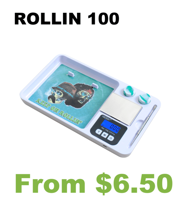 A Rollin100 Rolling Tray Digital Pocket Scale on a white tray.