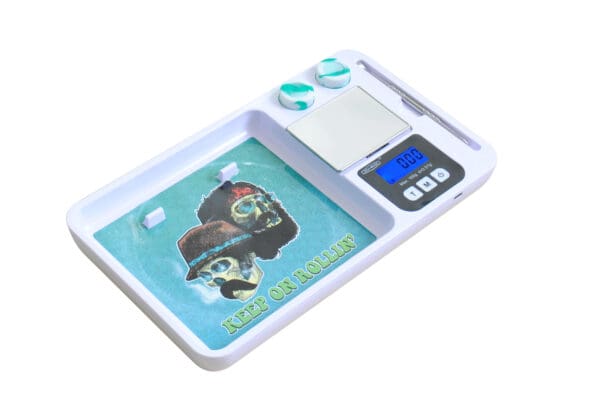 A Rollin100 Rolling Tray Digital Pocket Scale with a blue screen and a blue and green object.