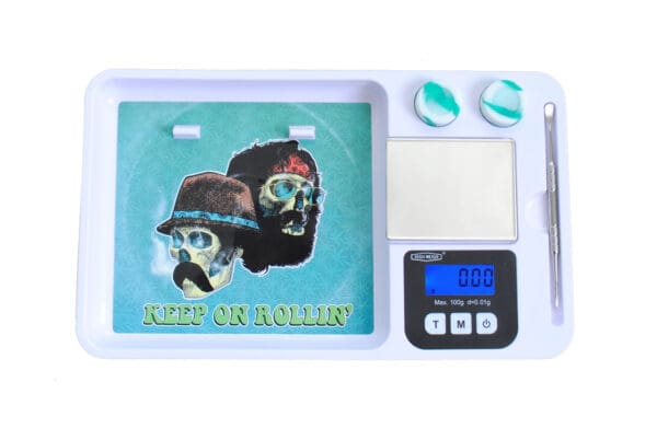 A Rollin100 Rolling Tray Digital Pocket Scale with a picture of a man and a woman.