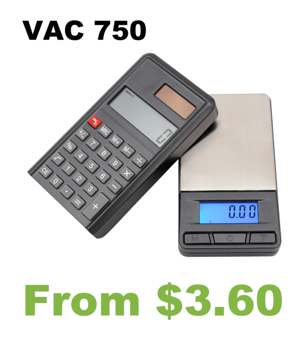 Black calculator and silver scale.