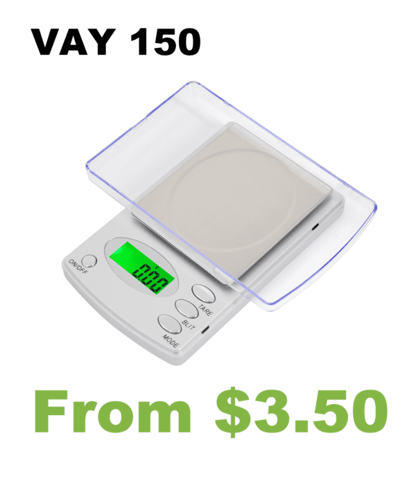 A digital scale that weighs up to 150 grams.