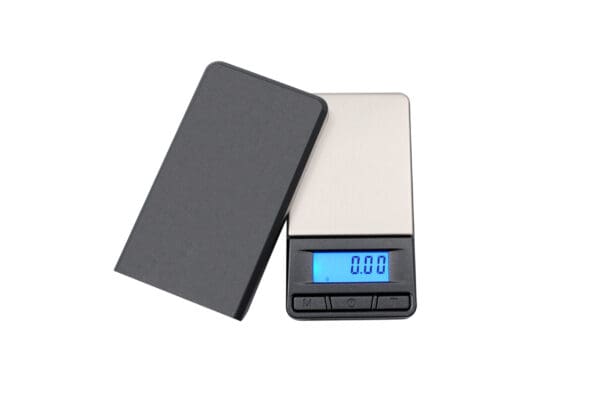 Black and silver digital weighing scale.