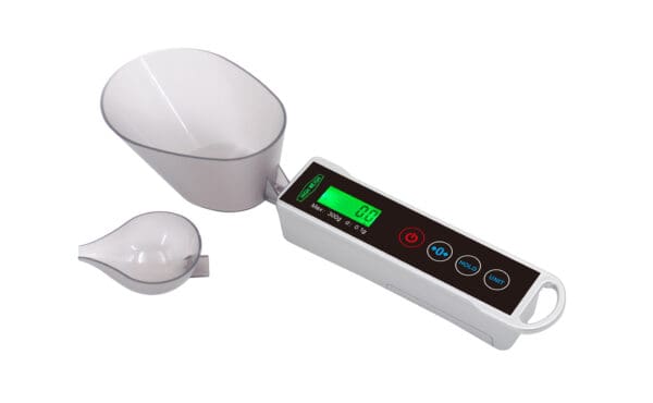 A VBD 300 Spoon Digital Pocket Scale with a cup on it.
