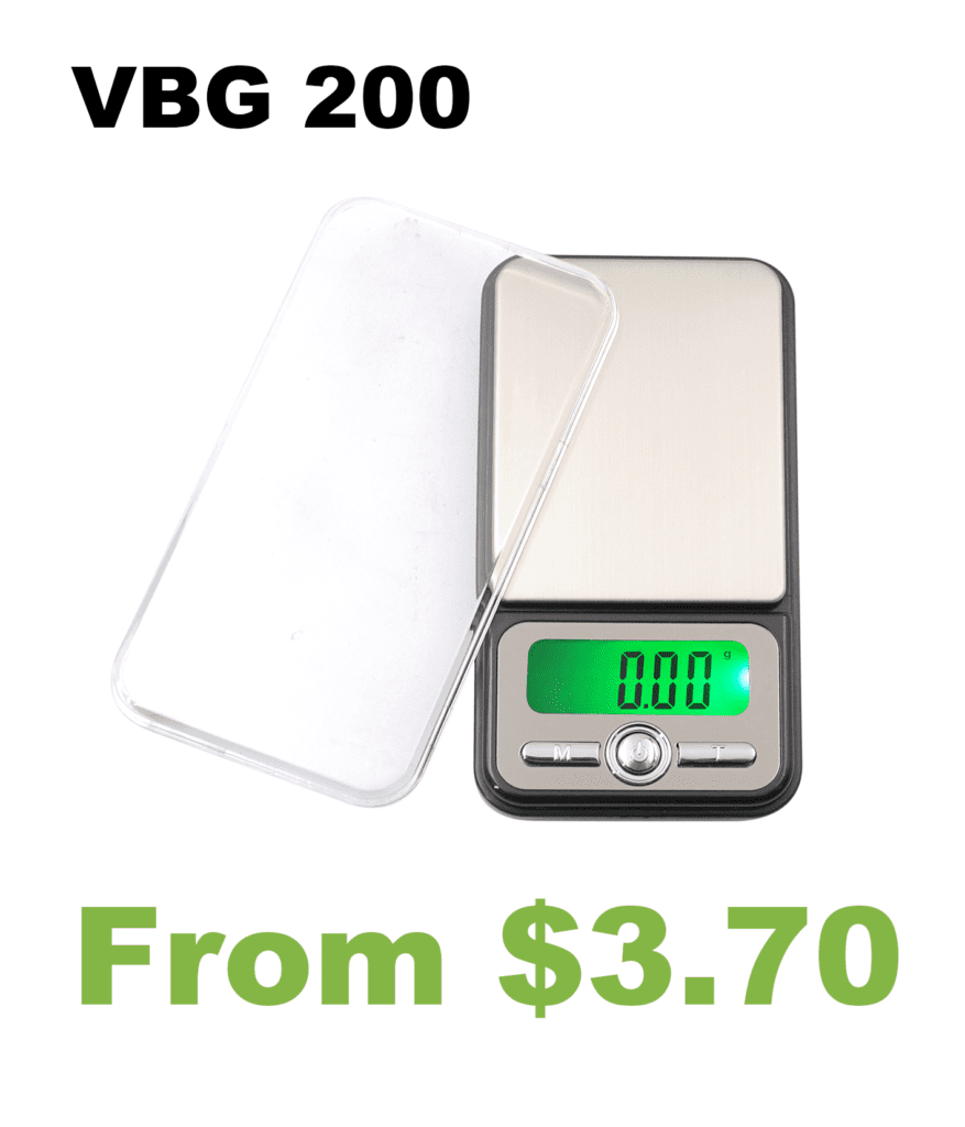 A VBG 200 Chrome-panel Digital Pocket Scale with the words vbg 200.