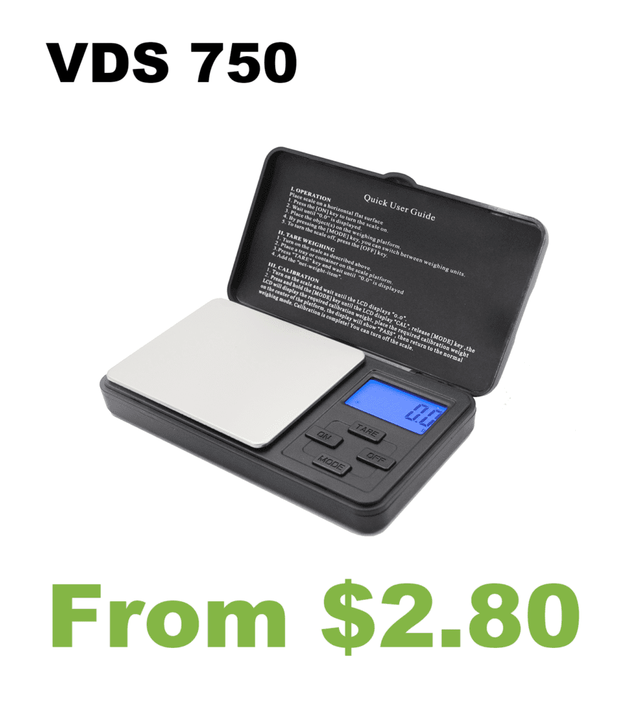 A VDS 150 Digital Pocket Scale with the words vds 750.
