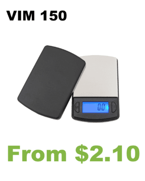 A VIM 150 Digital Pocket Scale with the words vim 150.