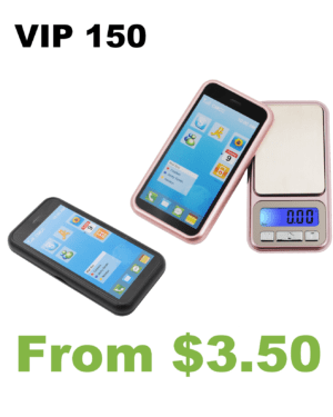 A digital scale and a VIP 150 Smartphone Styled Pocket Scale with the text vip 150.