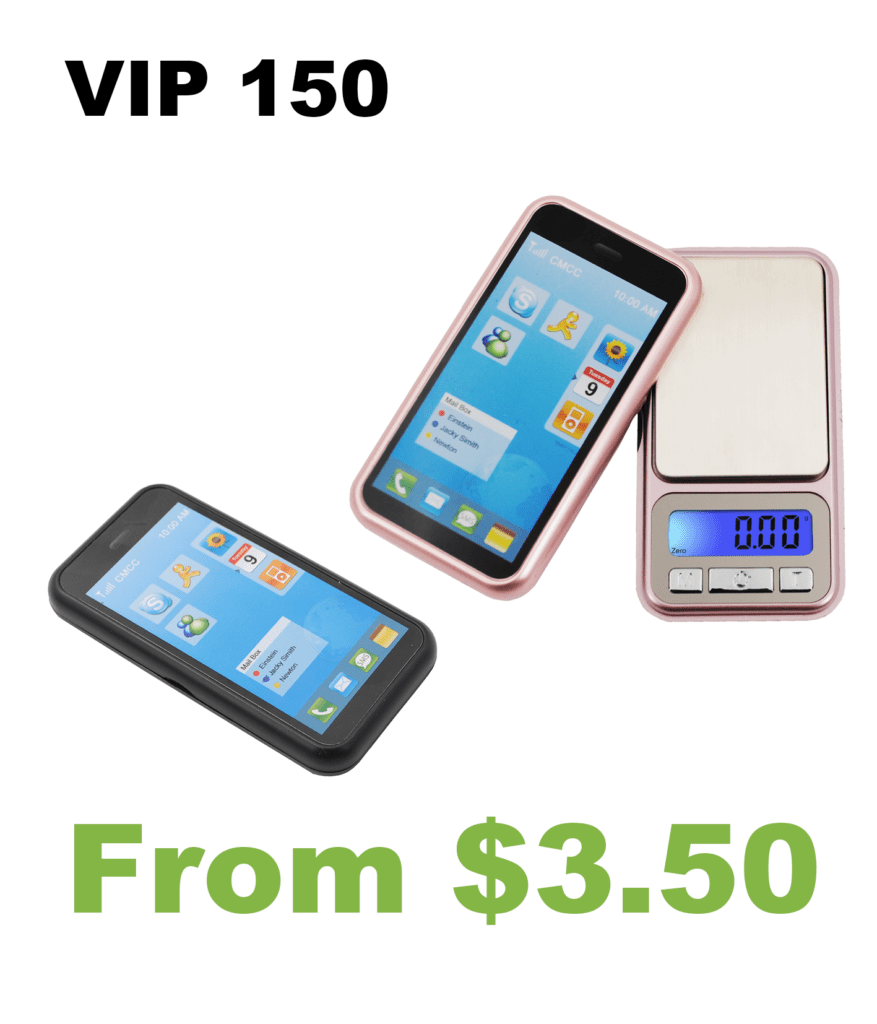 A digital scale and a VIP 150 Smartphone Styled Pocket Scale with the text vip 150.