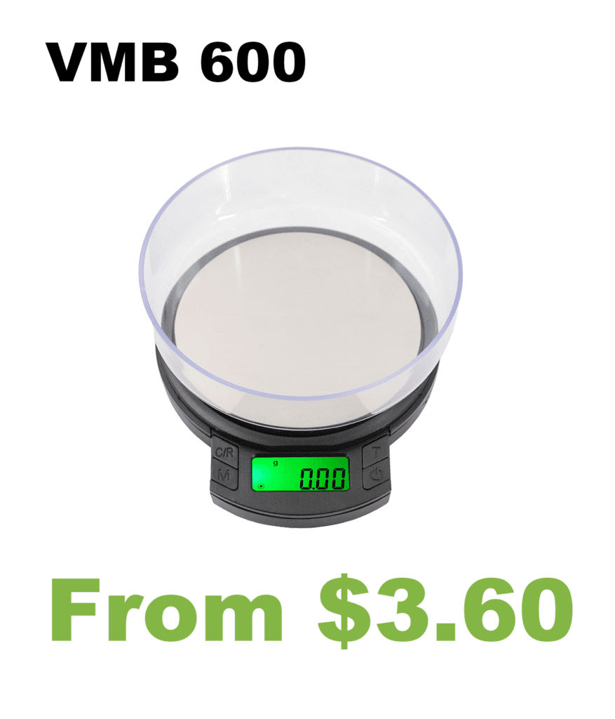 A VMB 100 Bowl Digital Pocket Scale with a clear bowl.