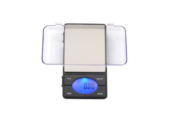 A VMD 750 Digital Pocket Scale with a blue display.