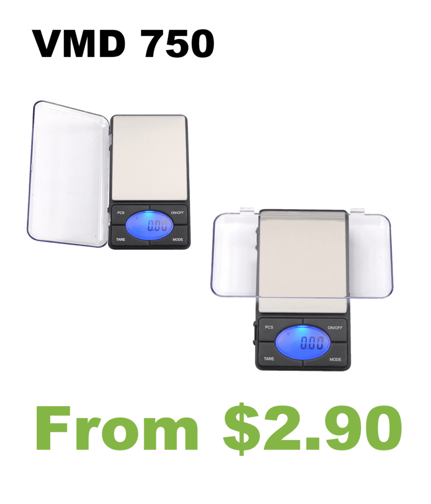 A close up of a VMD 750 Digital Pocket Scale.