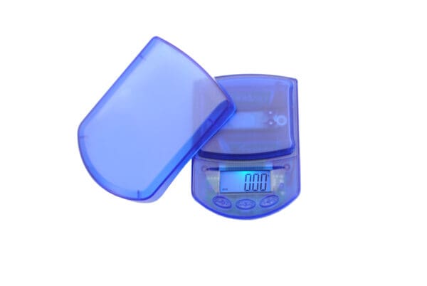 A blue VMX 100 Super Value Digital Pocket Scale on a white background.