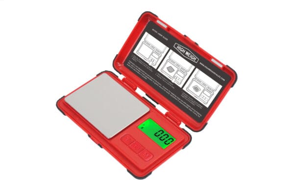 A VRQ 1000 Rubber Coated Digital Pocket Scale with a red case.