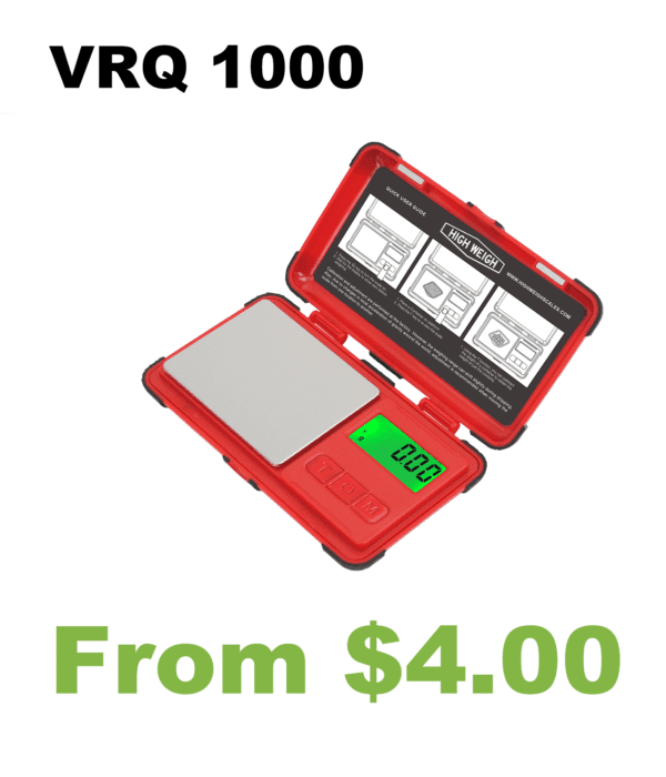 A red scale with the words VRQ 1000 Rubber Coated Digital Pocket Scale.