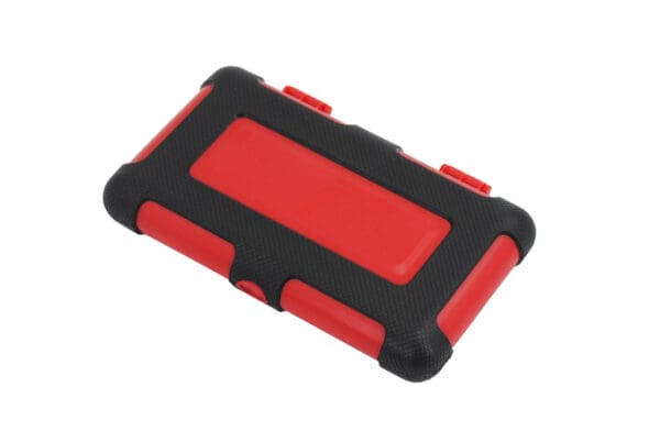 Black and red external hard drive case.