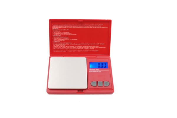 A red VRS 700 Classic Digital Pocket Scale on a white background.