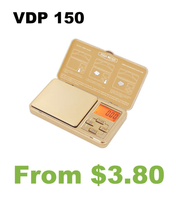 A VDP 150 Chrome Gold Digital Pocket Scale with the words vdp 150.