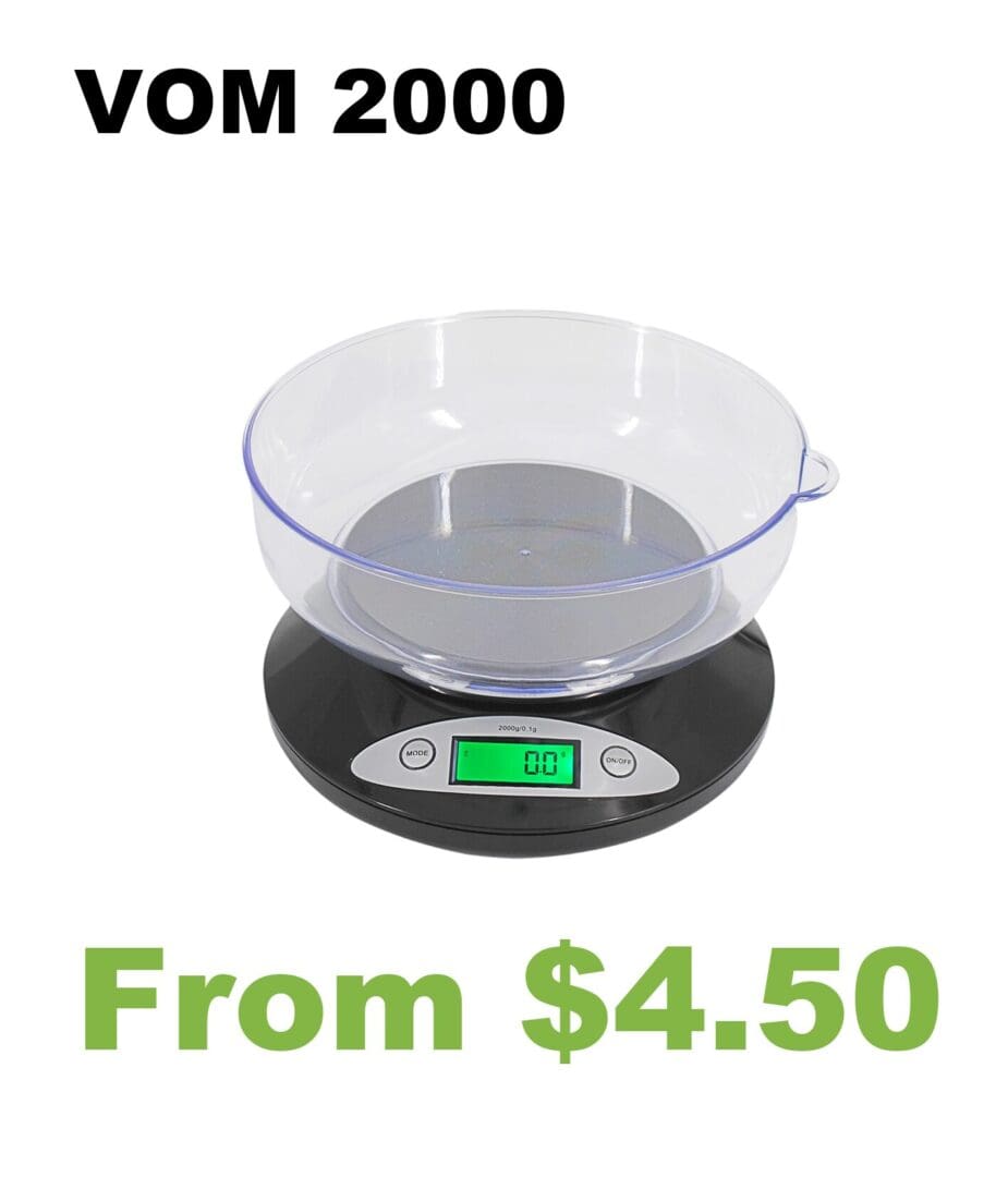 A VOM 2000 Bowl Kitchen Scale with the words vm 2000 from $ 45.