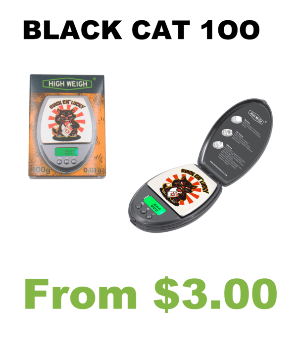 A Black Cat 100 Digital Pocket Scale and a package.