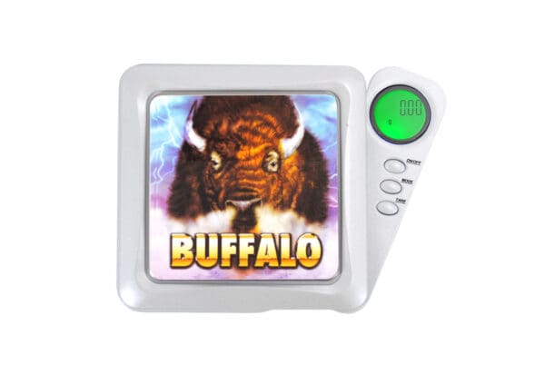 A BUFFALO 150 Digital Pocket Scale with an image of a buffalo on it.