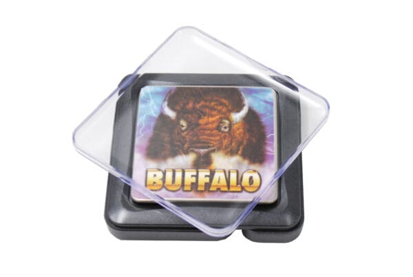 A BUFFALO 150 Digital Pocket Scale card holder with an image of a buffalo on it.