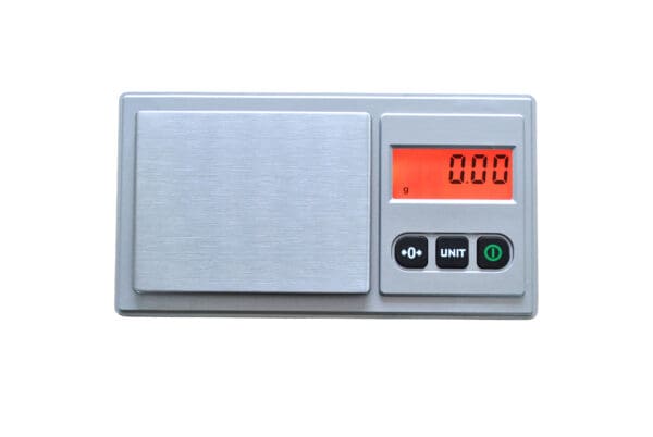 A Diamond Plate 220 Digital Pocket Scale with a red display.