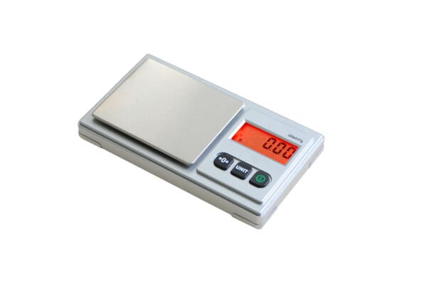A Diamond Plate 220 Digital Pocket Scale with a red screen.