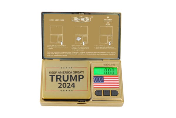 A TRMP 150 Digital Pocket Scale with an american flag on it.