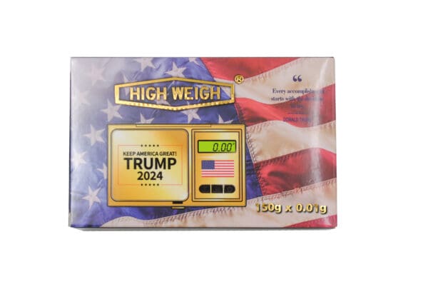 A box of TRMP 150 Digital Pocket Scales with an American flag on it.