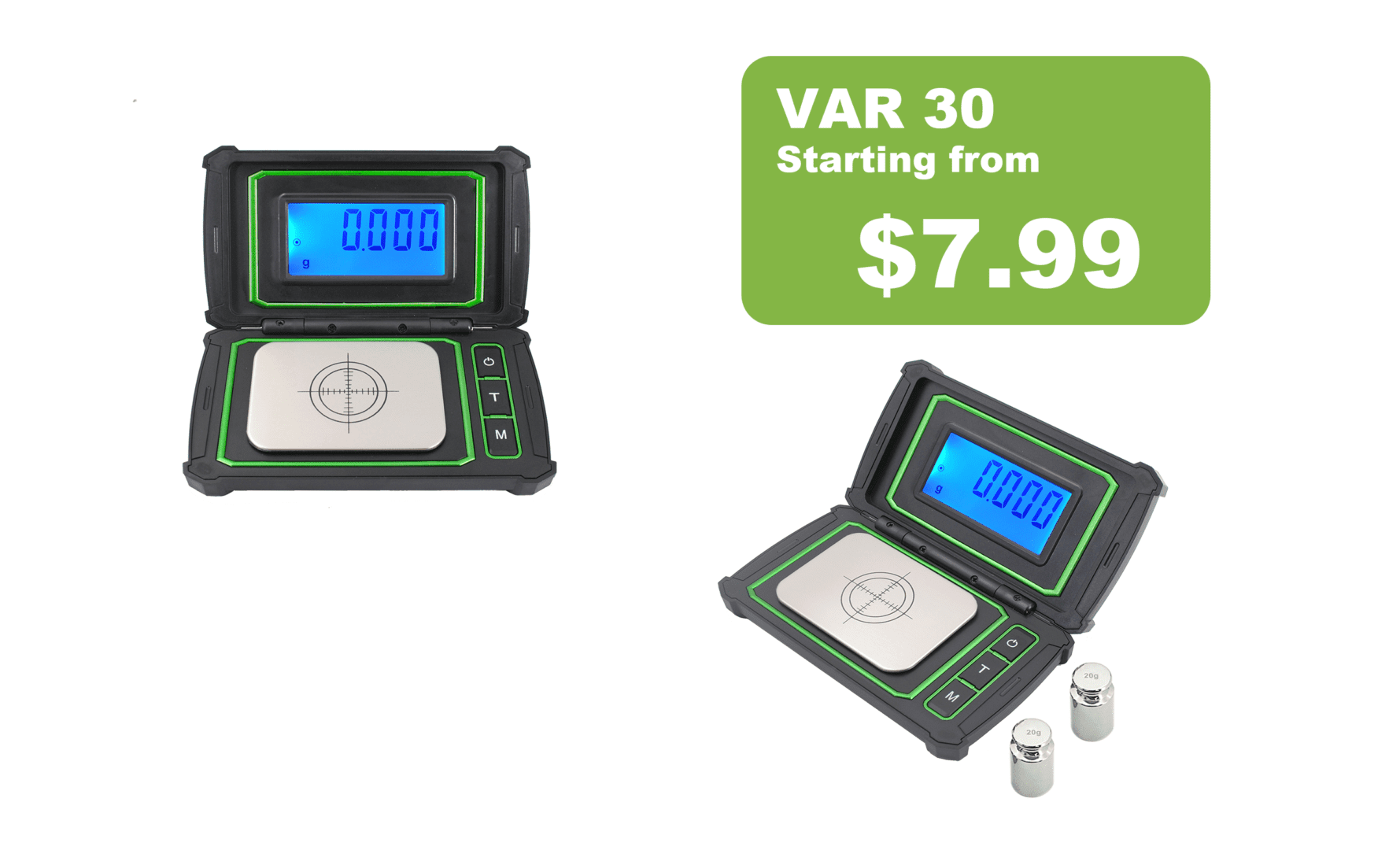 Two high-quality electronic scales with the words var 20 starting from $99.