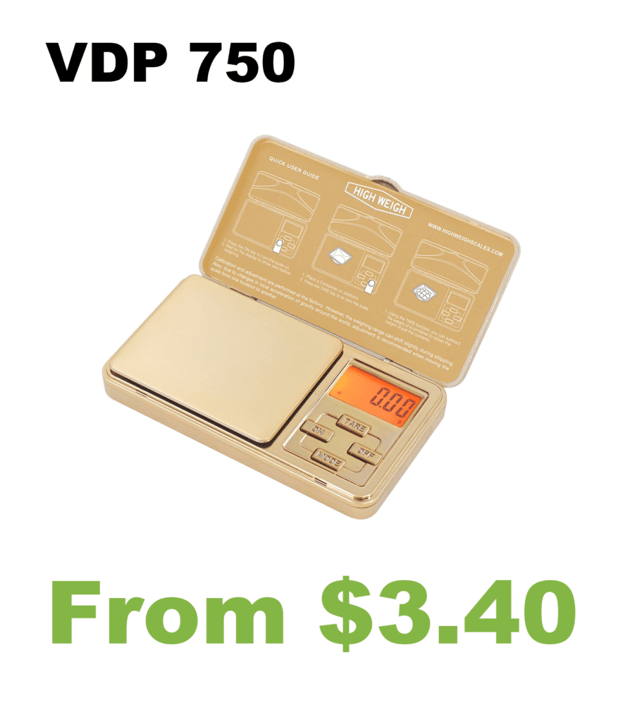 A VDP 750 Chrome Gold Digital Pocket Scale with the words vdp 750.