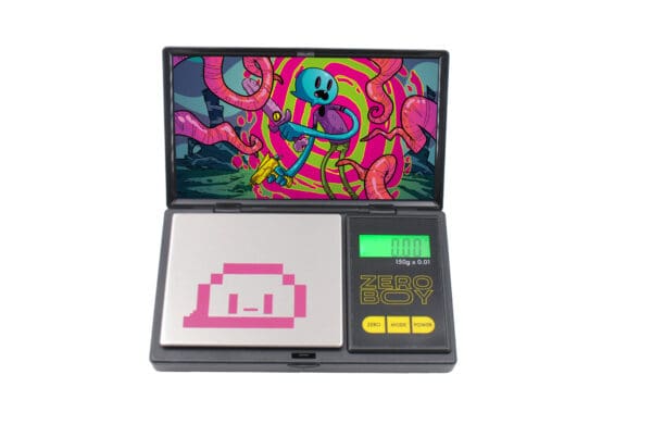 A digital scale with a colorful screen.